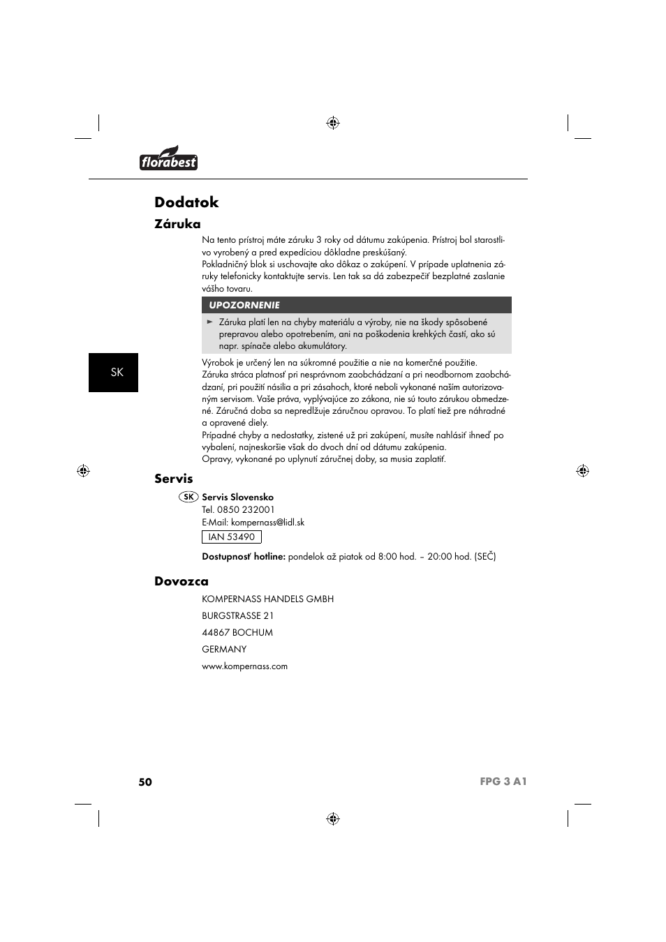 Dodatok, Záruka, Servis | Dovozca | Florabest FPG 3 A1 User Manual | Page 53 / 64