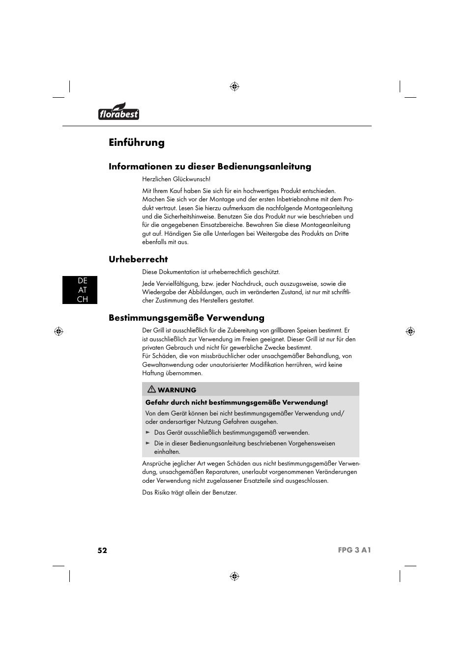 Einführung, Informationen zu dieser bedienungsanleitung, Urheberrecht | Bestimmungsgemäße verwendung, De at ch | Florabest FPG 3 A1 User Manual | Page 55 / 64