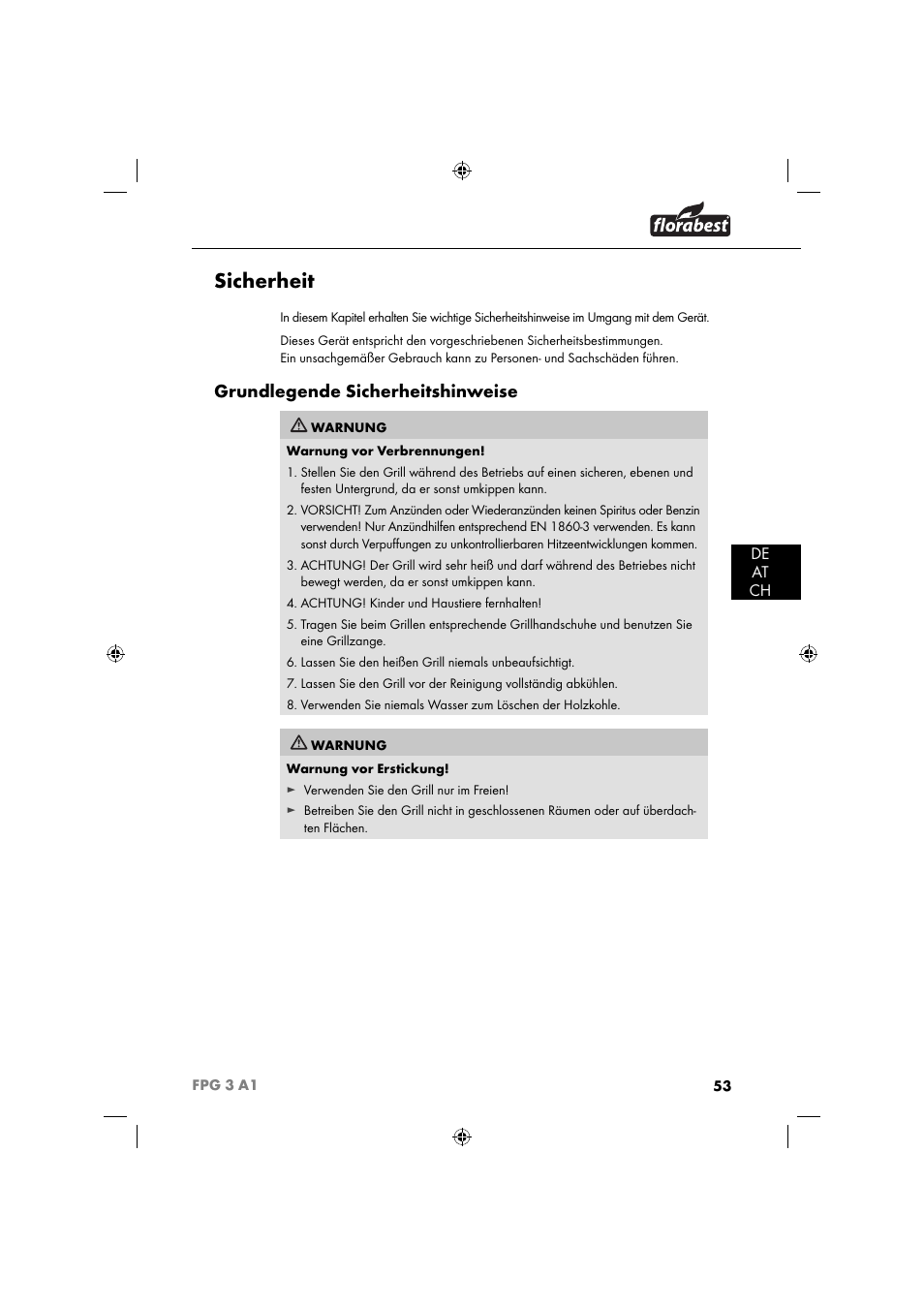 Sicherheit, Grundlegende sicherheitshinweise, De at ch | Florabest FPG 3 A1 User Manual | Page 56 / 64