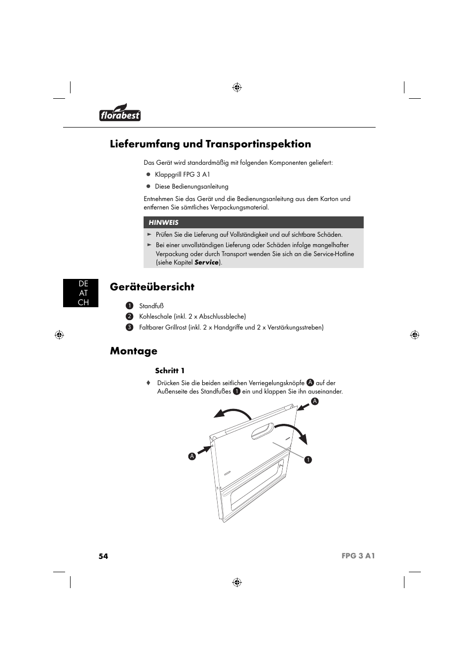 Lieferumfang und transportinspektion, Geräteübersicht, Montage | De at ch | Florabest FPG 3 A1 User Manual | Page 57 / 64