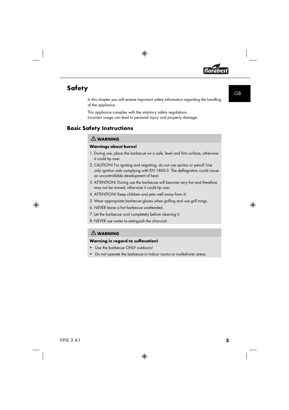 Safety, Basic safety instructions | Florabest FPG 3 A1 User Manual | Page 6 / 64