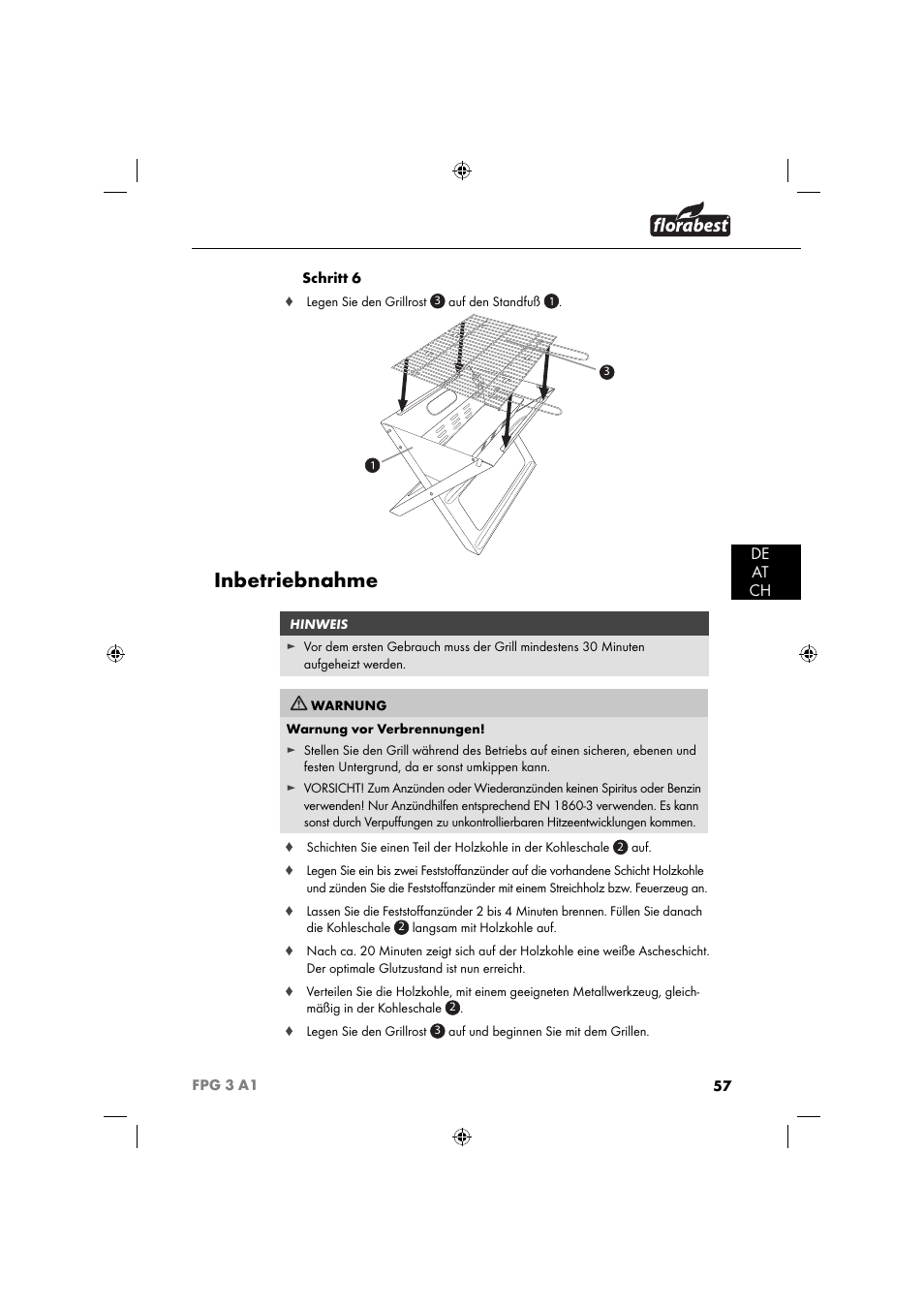 Inbetriebnahme, De at ch | Florabest FPG 3 A1 User Manual | Page 60 / 64