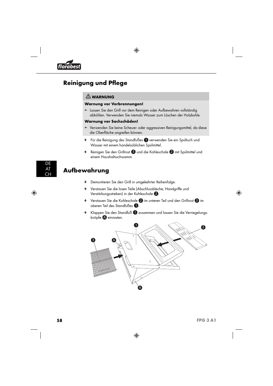 Reinigung und pﬂ ege, Aufbewahrung, De at ch | Florabest FPG 3 A1 User Manual | Page 61 / 64