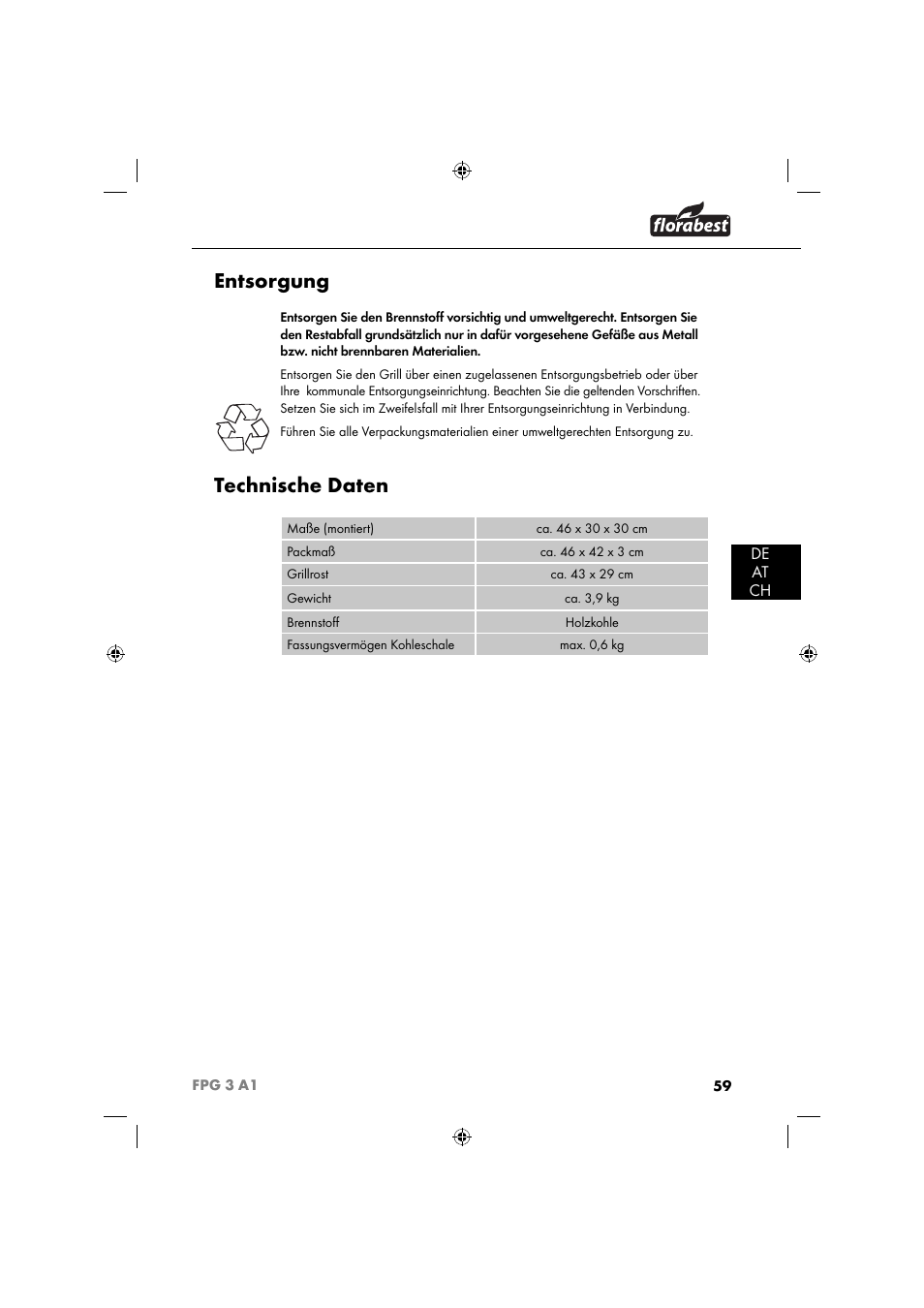 Entsorgung, Technische daten, De at ch | Florabest FPG 3 A1 User Manual | Page 62 / 64