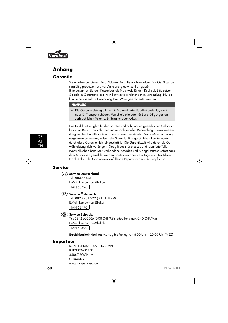 Anhang, Garantie, Service | Importeur, De at ch | Florabest FPG 3 A1 User Manual | Page 63 / 64