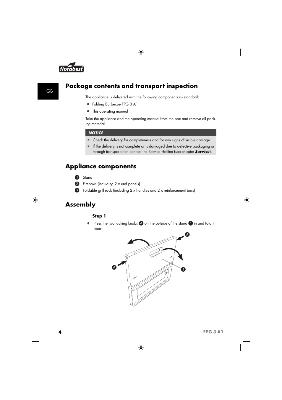 Package contents and transport inspection, Appliance components, Assembly | Florabest FPG 3 A1 User Manual | Page 7 / 64
