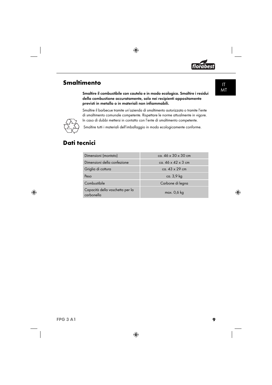 Smaltimento, Dati tecnici, It mt | Florabest FPG 3 A1 User Manual | Page 12 / 44