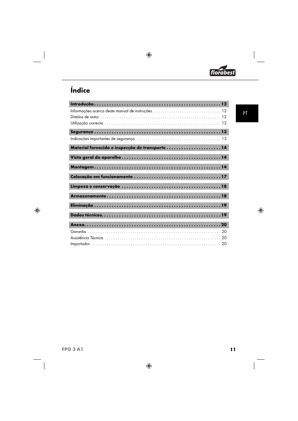 Índice | Florabest FPG 3 A1 User Manual | Page 14 / 44