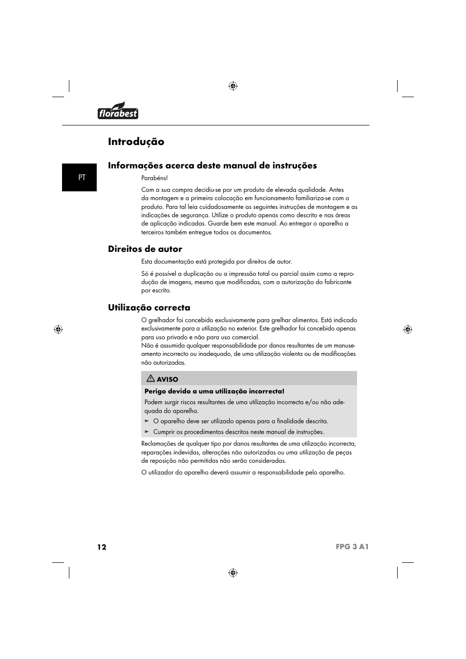 Introdução, Informações acerca deste manual de instruções, Direitos de autor | Utilização correcta | Florabest FPG 3 A1 User Manual | Page 15 / 44
