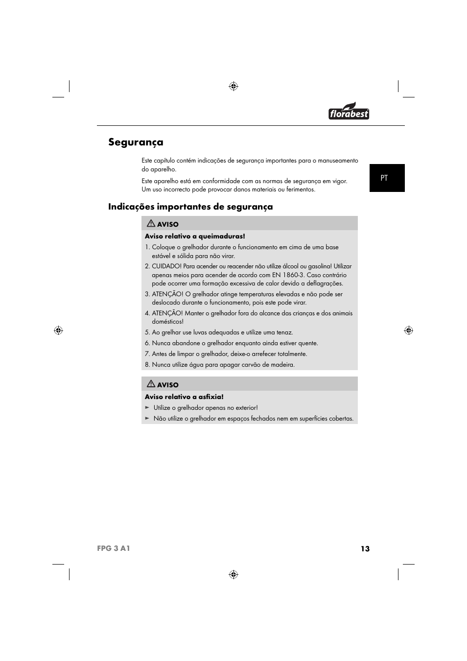 Segurança, Indicações importantes de segurança | Florabest FPG 3 A1 User Manual | Page 16 / 44