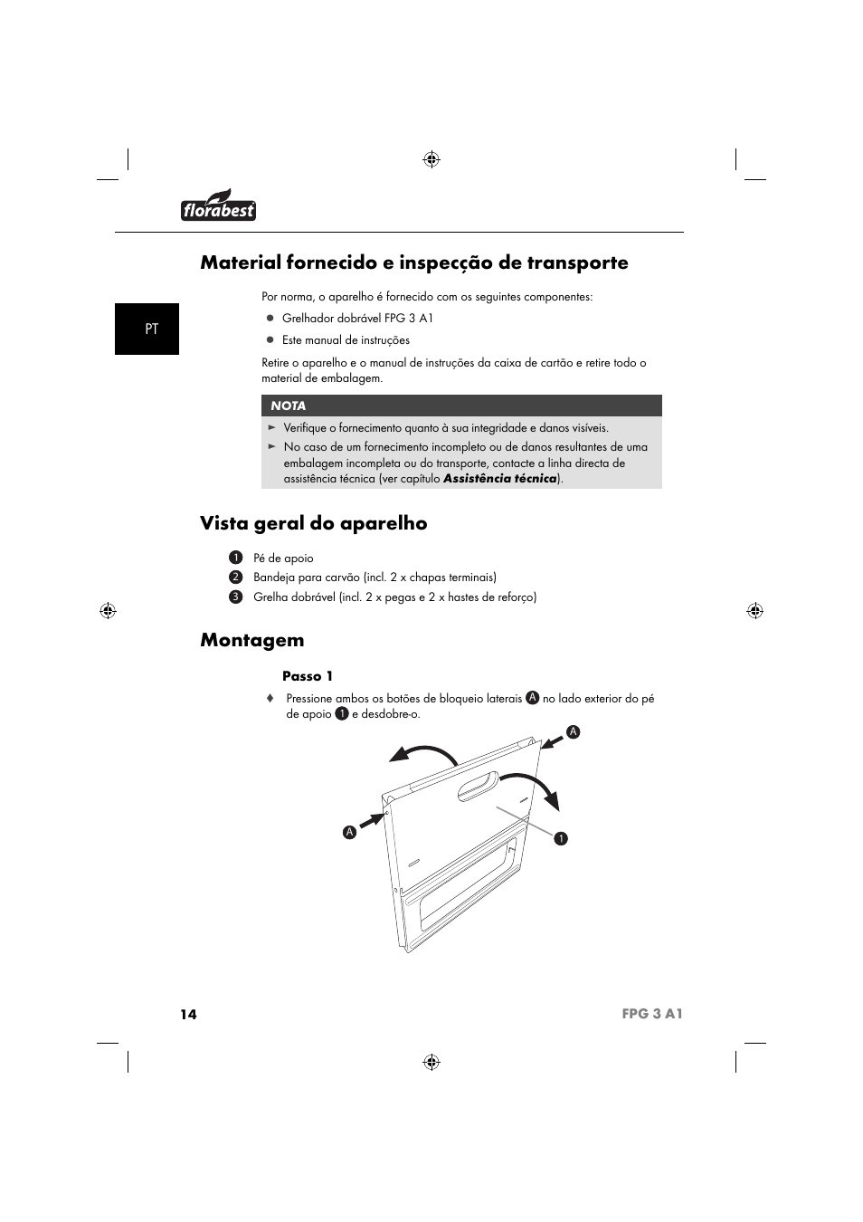 Material fornecido e inspecção de transporte, Vista geral do aparelho, Montagem | Florabest FPG 3 A1 User Manual | Page 17 / 44