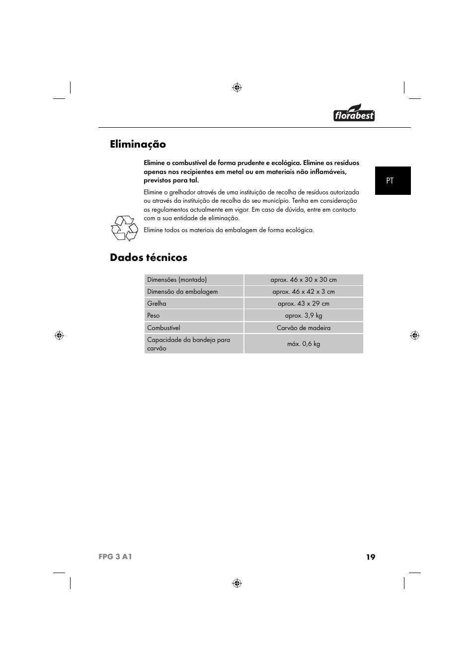 Eliminação, Dados técnicos | Florabest FPG 3 A1 User Manual | Page 22 / 44