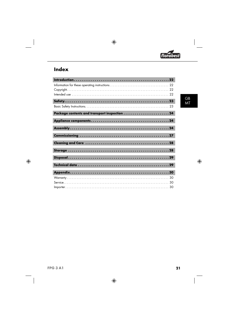 Index, Gb mt | Florabest FPG 3 A1 User Manual | Page 24 / 44