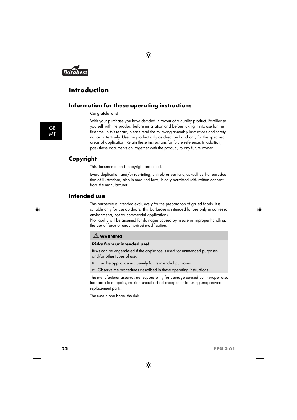 Introduction, Information for these operating instructions, Copyright | Intended use, Gb mt | Florabest FPG 3 A1 User Manual | Page 25 / 44