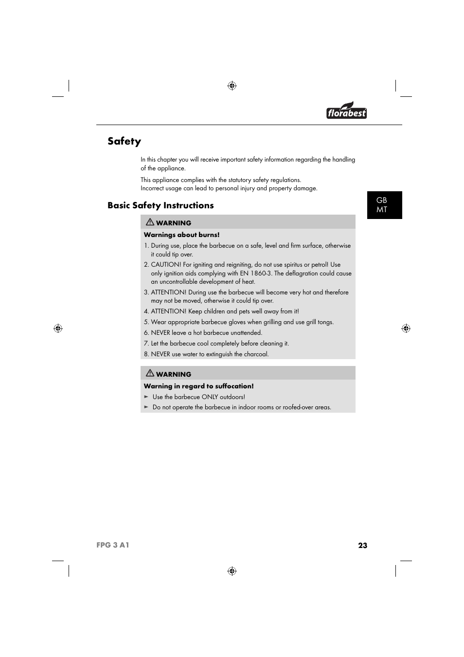 Safety, Basic safety instructions, Gb mt | Florabest FPG 3 A1 User Manual | Page 26 / 44