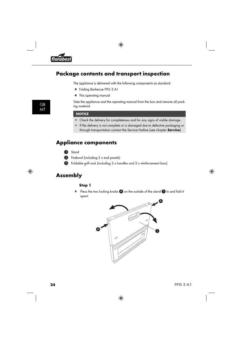 Package contents and transport inspection, Appliance components, Assembly | Gb mt | Florabest FPG 3 A1 User Manual | Page 27 / 44