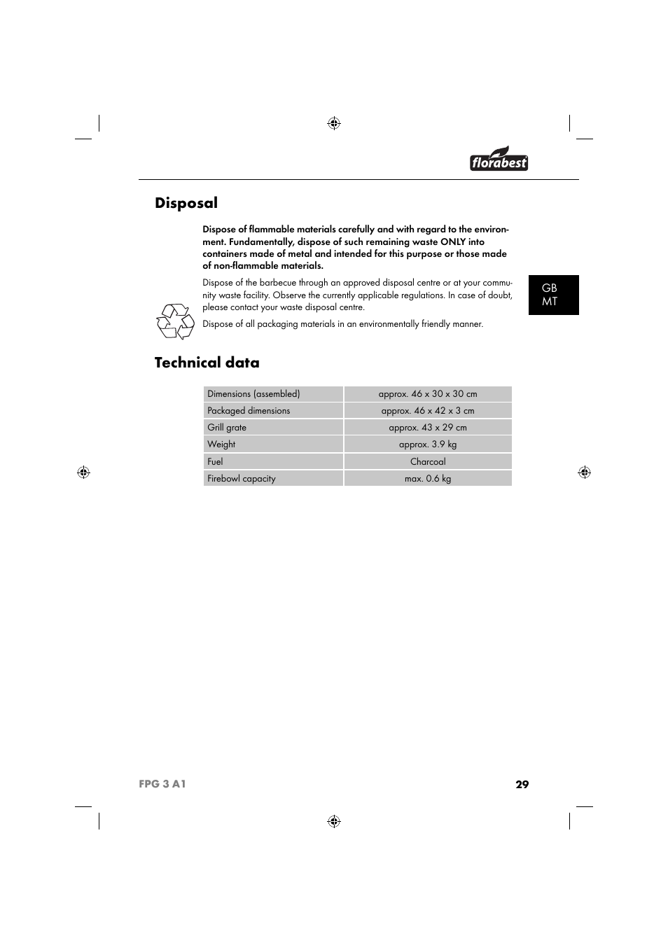 Disposal, Technical data, Gb mt | Florabest FPG 3 A1 User Manual | Page 32 / 44