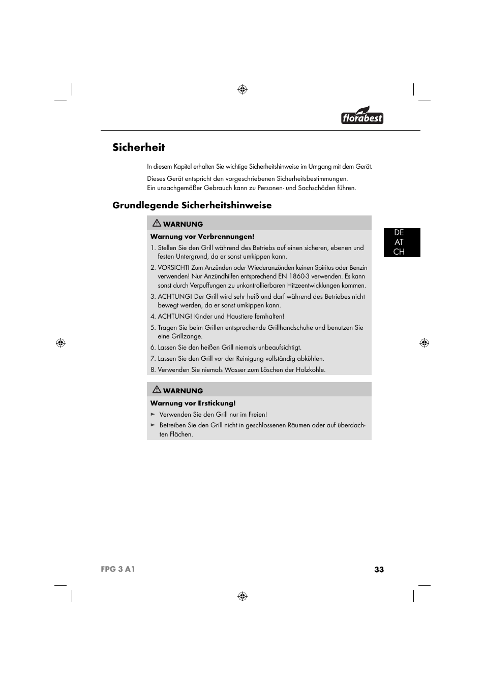 Sicherheit, Grundlegende sicherheitshinweise, De at ch | Florabest FPG 3 A1 User Manual | Page 36 / 44