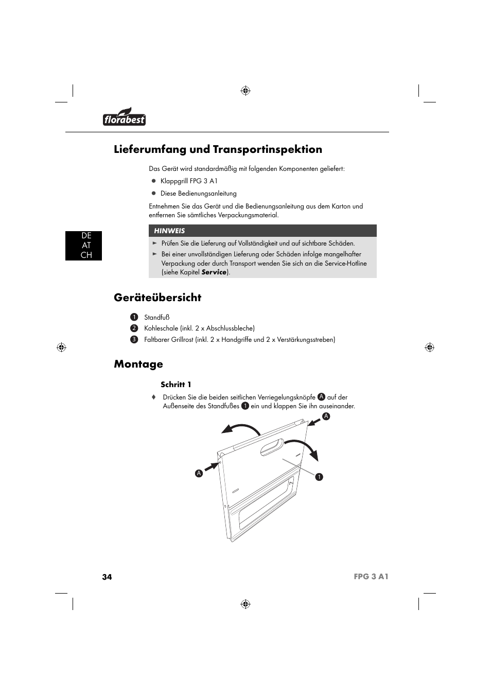 Lieferumfang und transportinspektion, Geräteübersicht, Montage | De at ch | Florabest FPG 3 A1 User Manual | Page 37 / 44