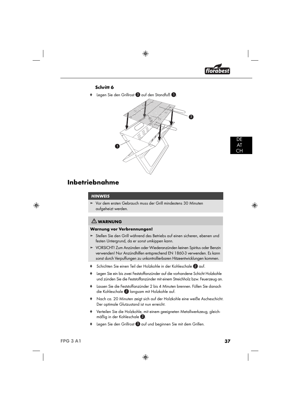 Inbetriebnahme, De at ch | Florabest FPG 3 A1 User Manual | Page 40 / 44