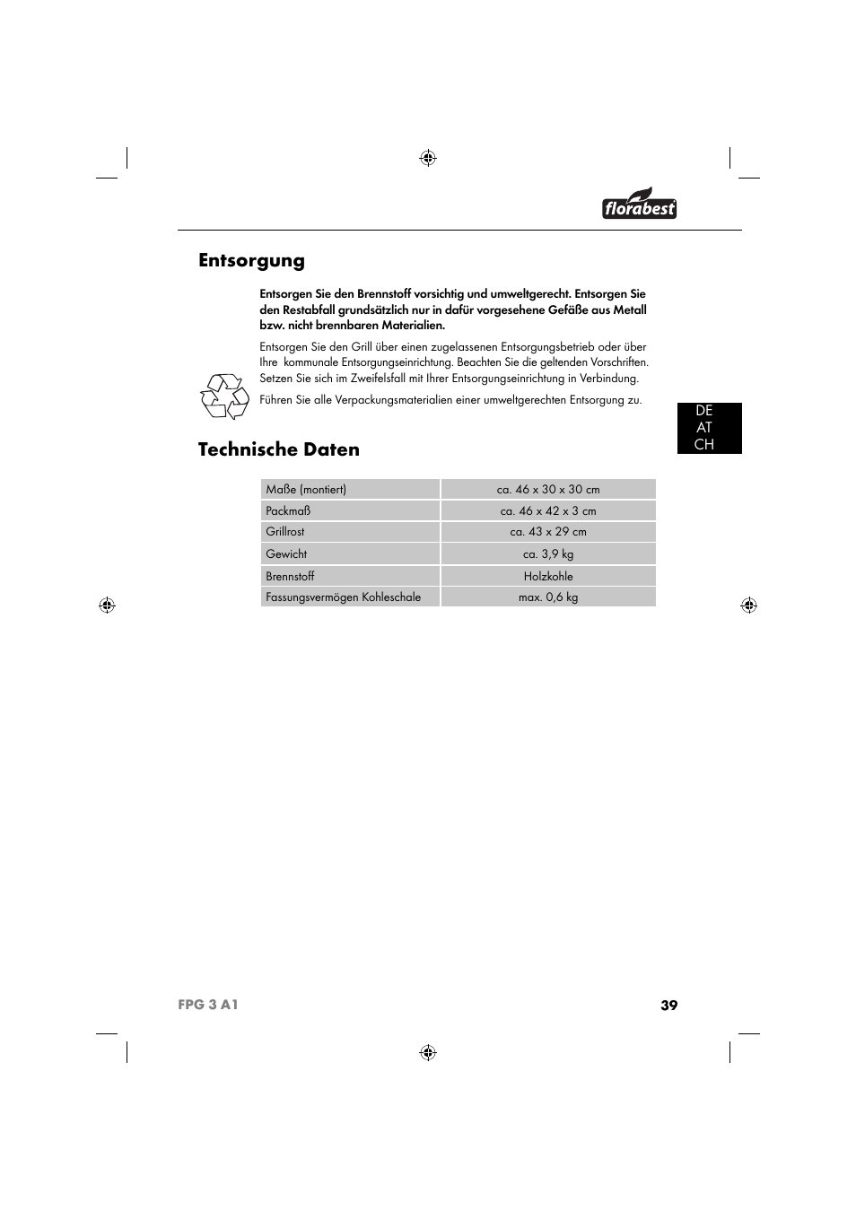 Entsorgung, Technische daten, De at ch | Florabest FPG 3 A1 User Manual | Page 42 / 44