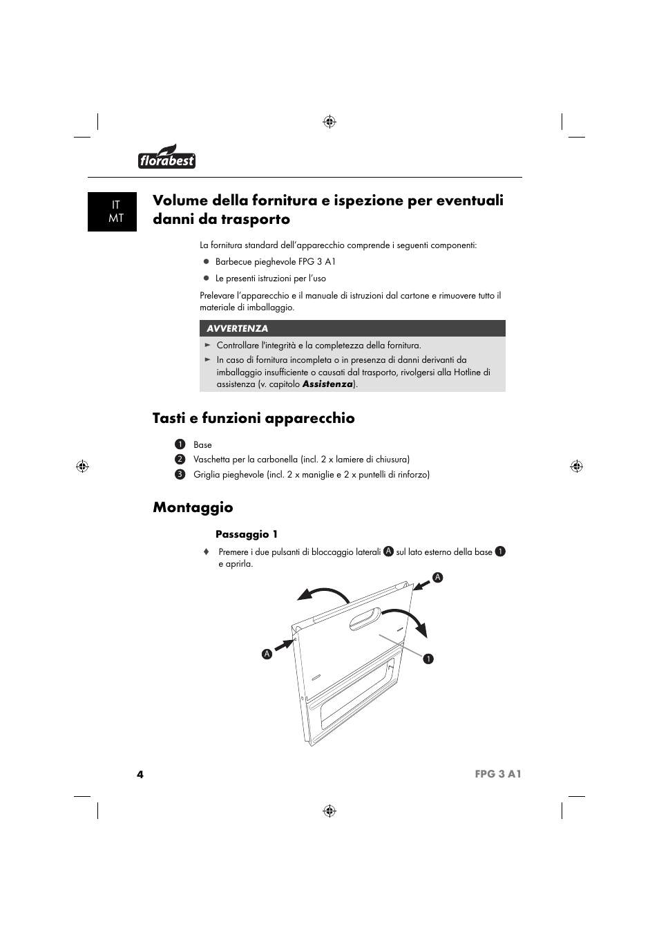Tasti e funzioni apparecchio, Montaggio, It mt | Florabest FPG 3 A1 User Manual | Page 7 / 44
