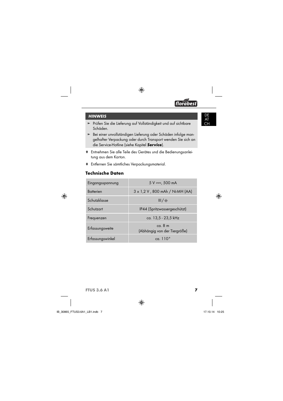 Technische daten | Florabest FTUS 3.6 A1 User Manual | Page 10 / 66