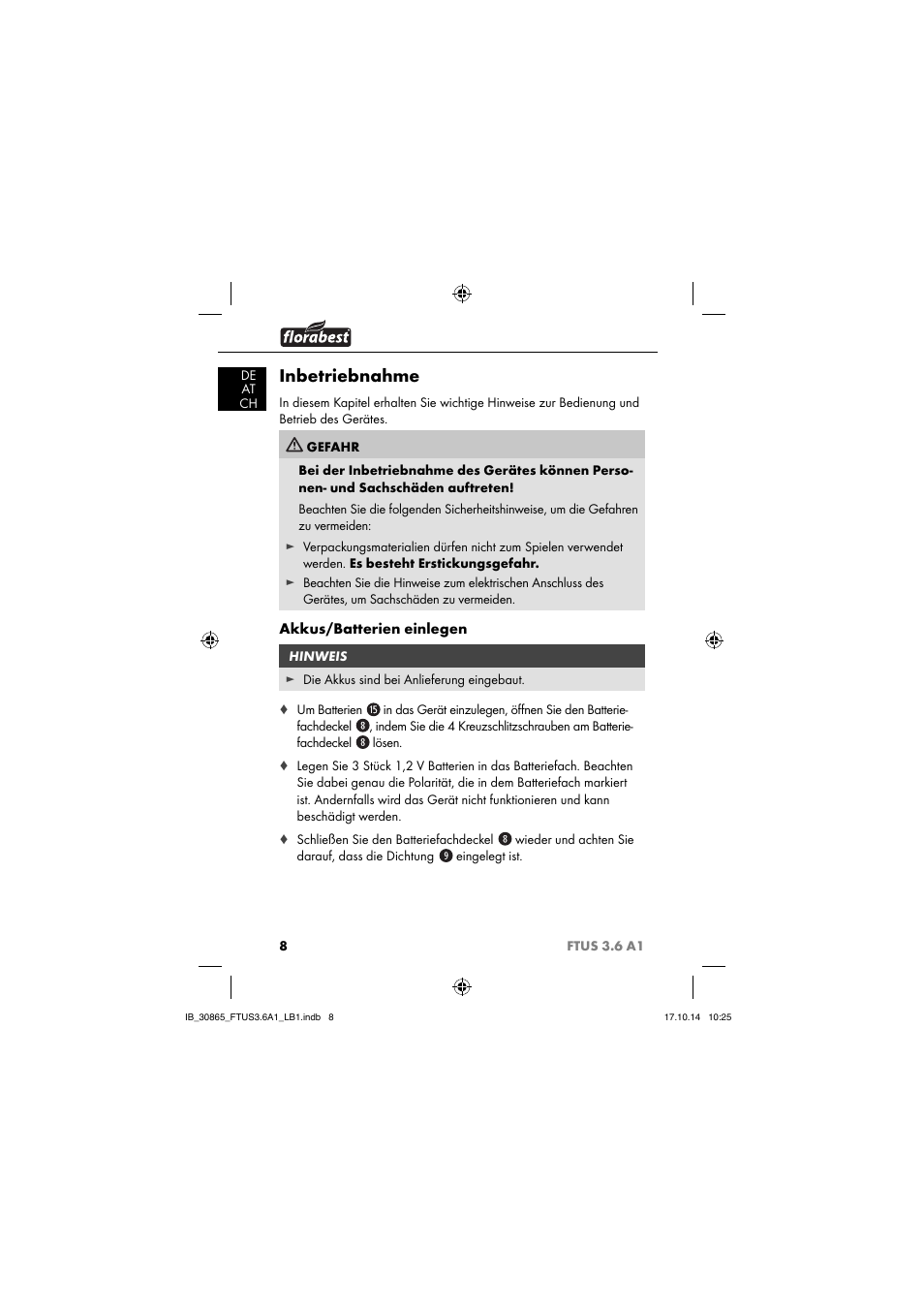 Inbetriebnahme, Akkus/batterien einlegen | Florabest FTUS 3.6 A1 User Manual | Page 11 / 66