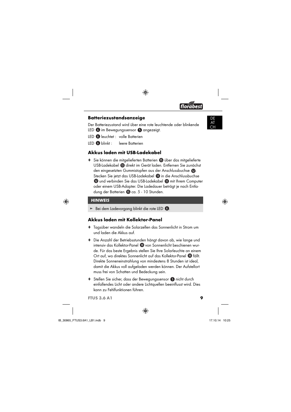 Batteriezustandsanzeige, Akkus laden mit usb-ladekabel, Akkus laden mit kollektor-panel | Florabest FTUS 3.6 A1 User Manual | Page 12 / 66