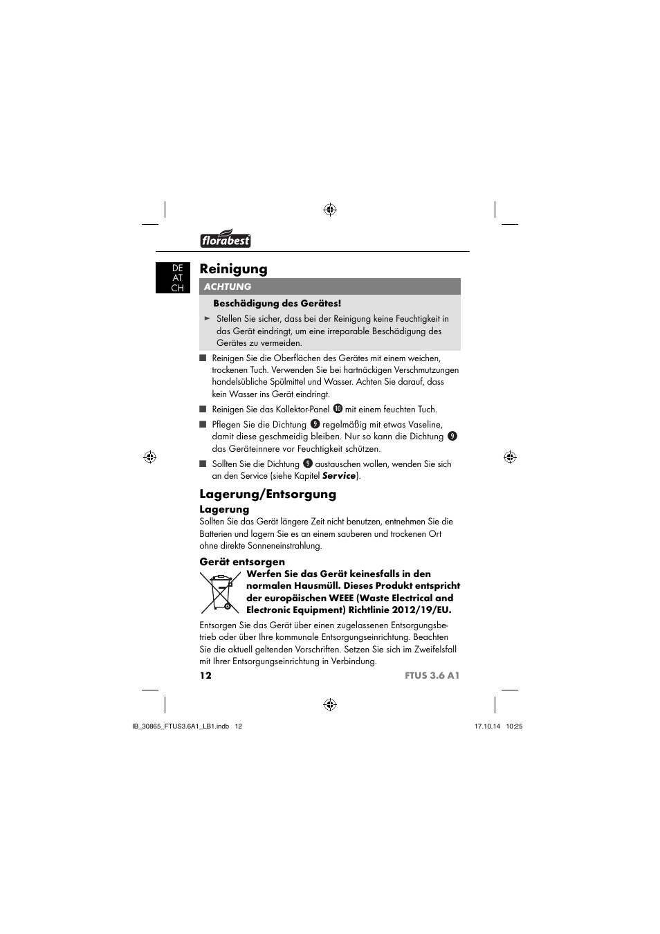 Reinigung, Lagerung/entsorgung | Florabest FTUS 3.6 A1 User Manual | Page 15 / 66