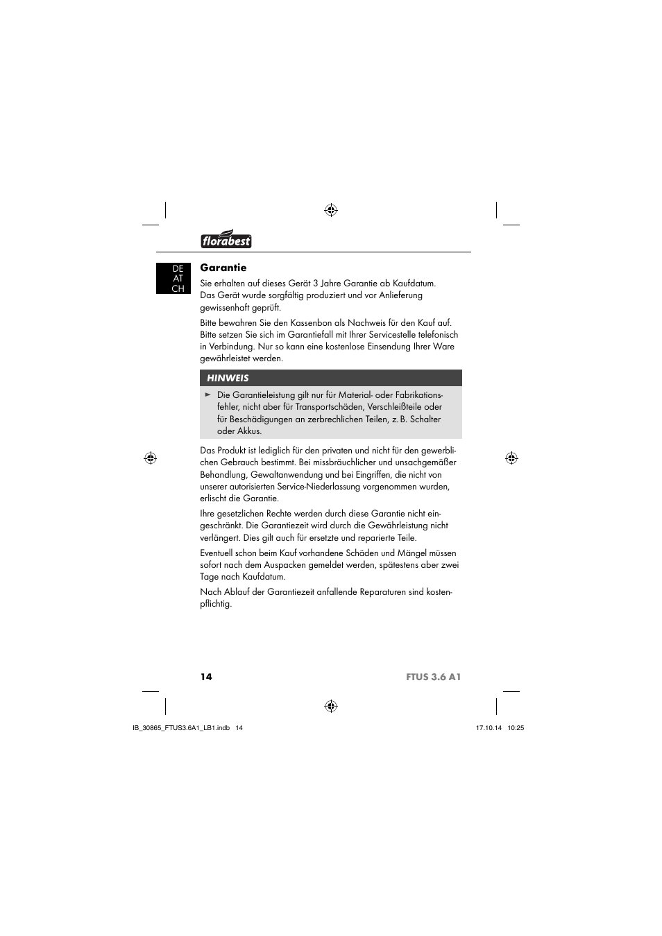 Garantie | Florabest FTUS 3.6 A1 User Manual | Page 17 / 66