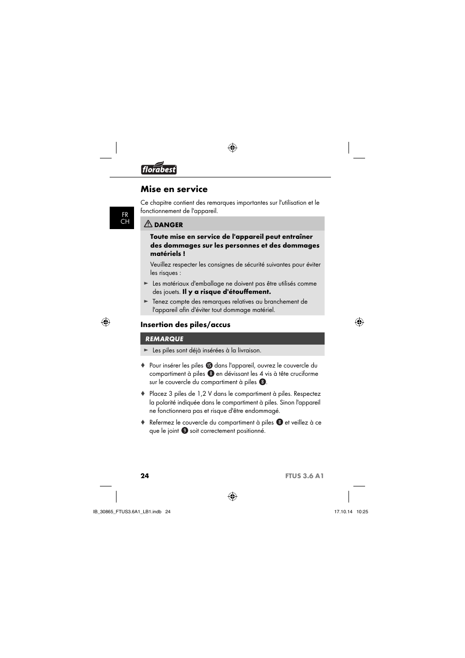 Mise en service, Insertion des piles/accus | Florabest FTUS 3.6 A1 User Manual | Page 27 / 66