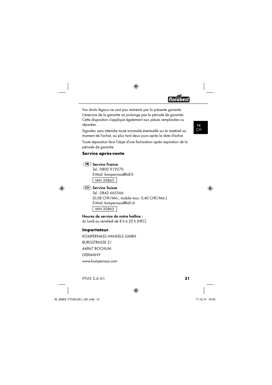 Service après-vente, Importateur | Florabest FTUS 3.6 A1 User Manual | Page 34 / 66