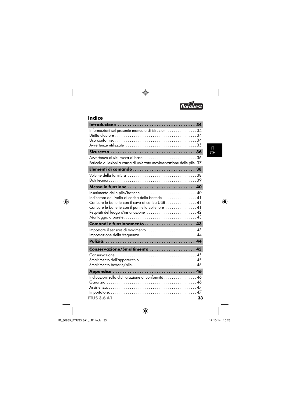 Indice | Florabest FTUS 3.6 A1 User Manual | Page 36 / 66