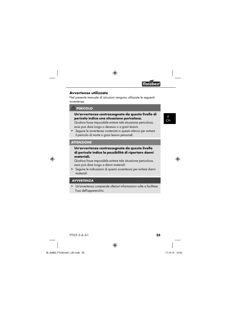 Avvertenze utilizzate | Florabest FTUS 3.6 A1 User Manual | Page 38 / 66