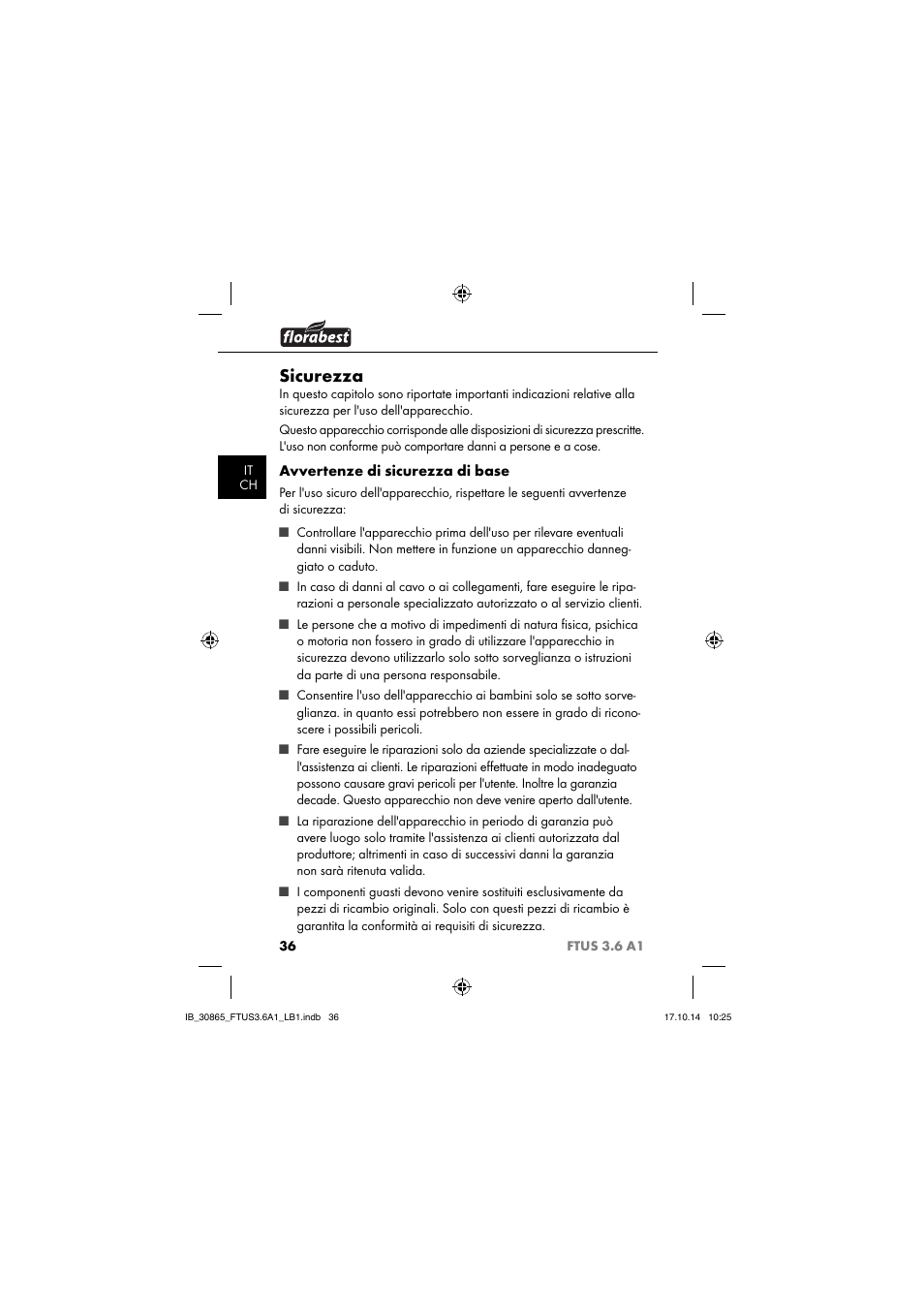 Sicurezza, Avvertenze di sicurezza di base | Florabest FTUS 3.6 A1 User Manual | Page 39 / 66