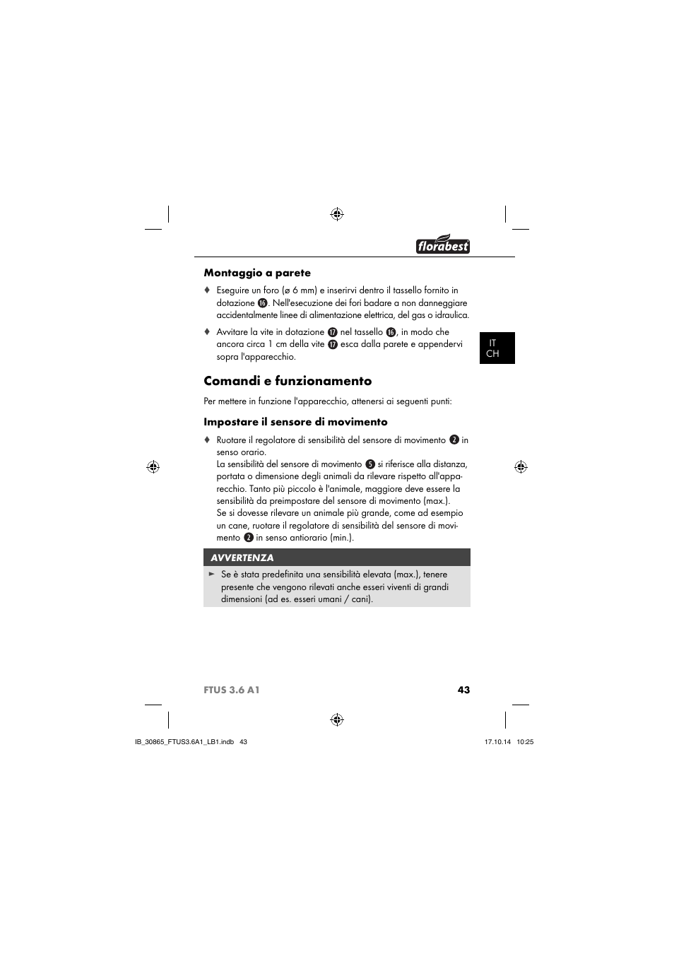 Comandi e funzionamento, Montaggio a parete, Impostare il sensore di movimento | Florabest FTUS 3.6 A1 User Manual | Page 46 / 66