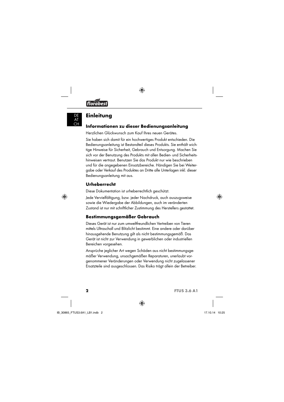 Einleitung, Informationen zu dieser bedienungsanleitung, Urheberrecht | Bestimmungsgemäßer gebrauch | Florabest FTUS 3.6 A1 User Manual | Page 5 / 66