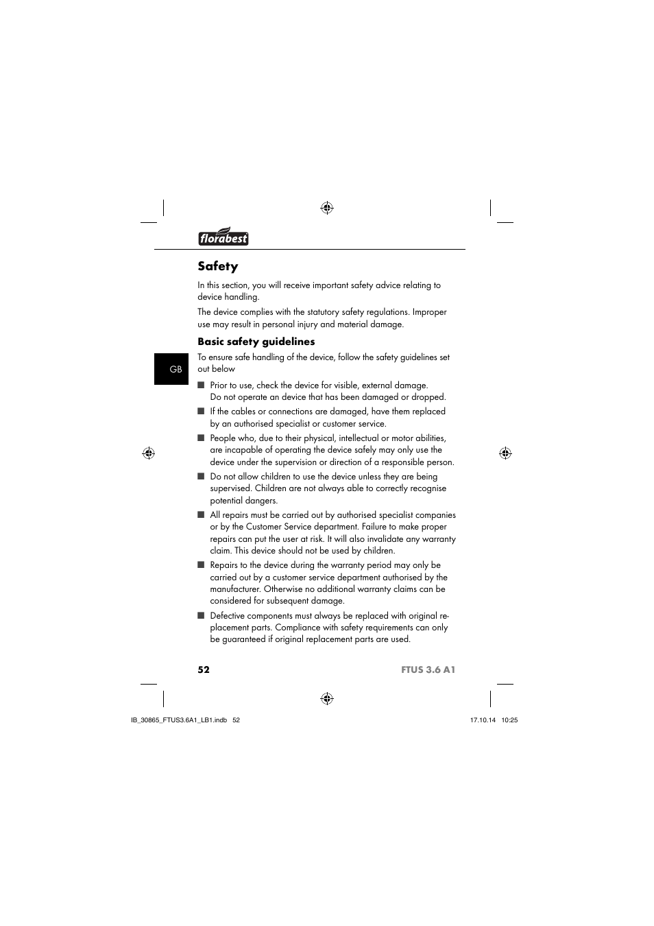 Safety, Basic safety guidelines | Florabest FTUS 3.6 A1 User Manual | Page 55 / 66