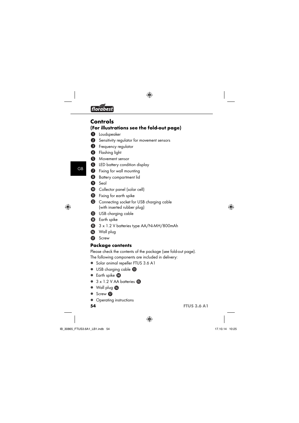 Controls, For illustrations see the fold-out page), Package contents | Florabest FTUS 3.6 A1 User Manual | Page 57 / 66