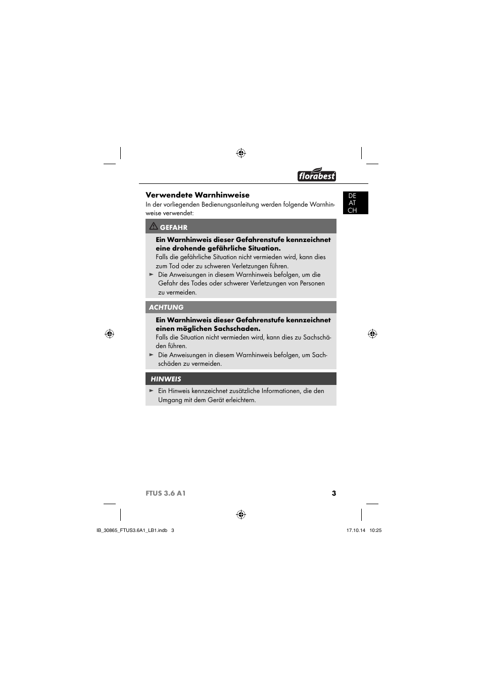 Verwendete warnhinweise | Florabest FTUS 3.6 A1 User Manual | Page 6 / 66