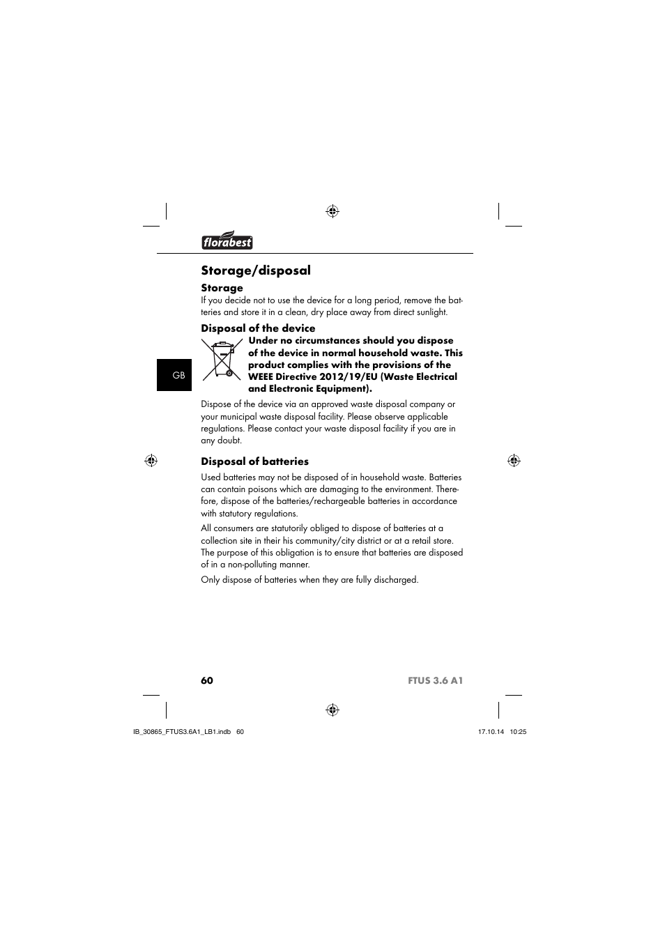 Storage/disposal, Storage, Disposal of the device | Disposal of batteries | Florabest FTUS 3.6 A1 User Manual | Page 63 / 66