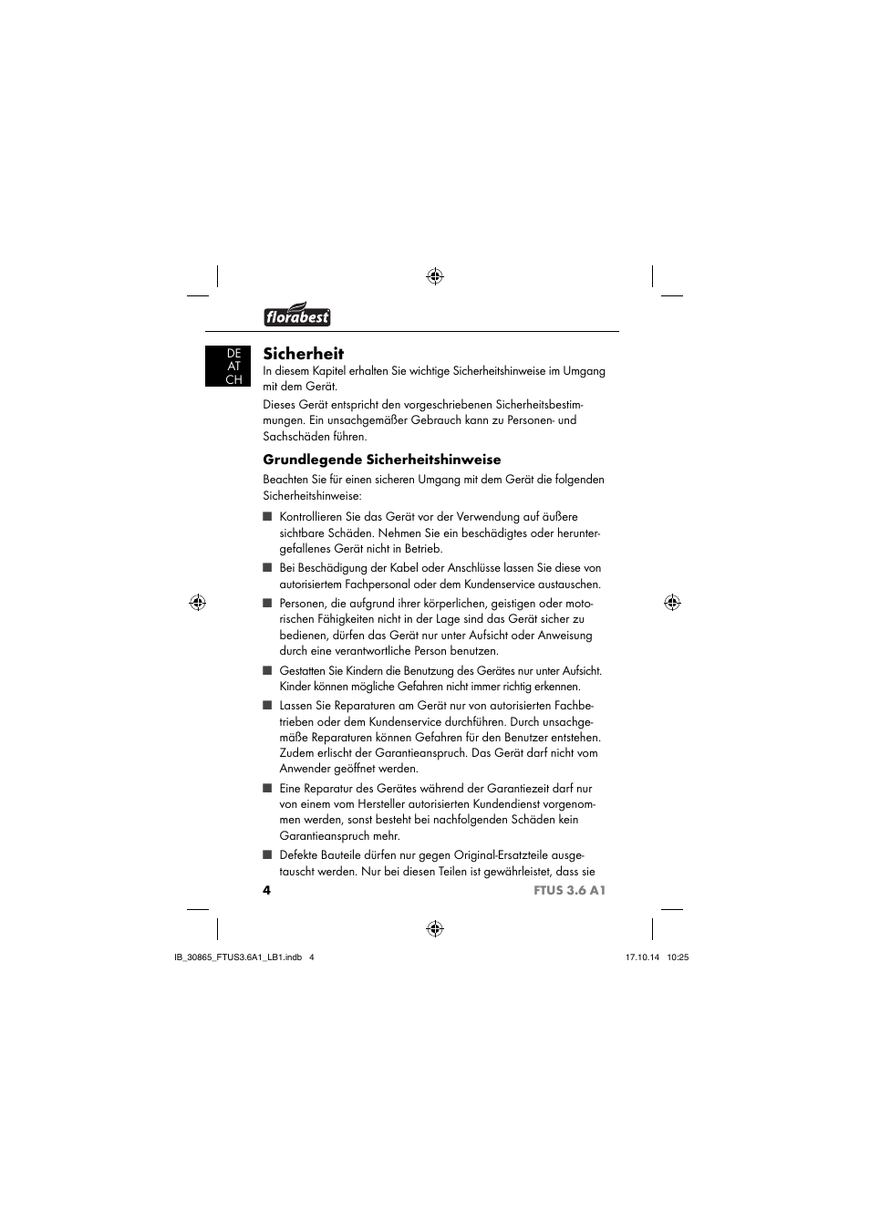 Sicherheit, Grundlegende sicherheitshinweise | Florabest FTUS 3.6 A1 User Manual | Page 7 / 66