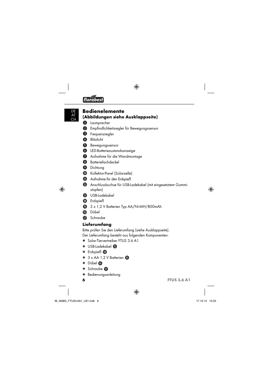 Bedienelemente, Abbildungen siehe ausklappseite), Lieferumfang | Florabest FTUS 3.6 A1 User Manual | Page 9 / 66