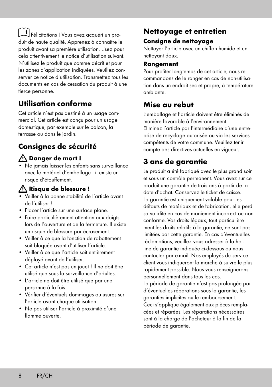 Utilisation conforme, Consignes de sécurité, Nettoyage et entretien | Mise au rebut, 3 ans de garantie | Florabest KH-2009 User Manual | Page 6 / 10