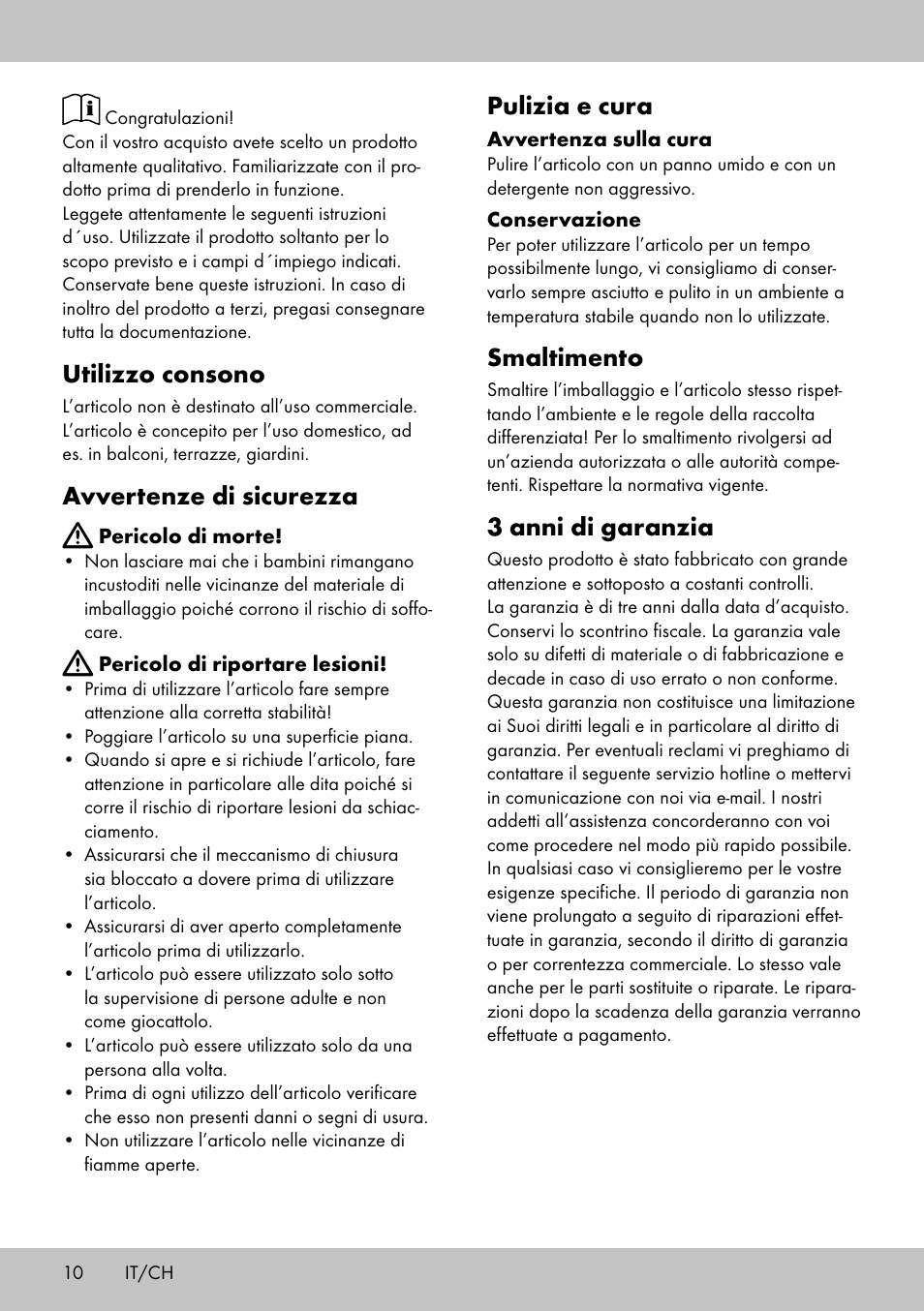 Utilizzo consono, Avvertenze di sicurezza, Pulizia e cura | Smaltimento, 3 anni di garanzia | Florabest KH-2009 User Manual | Page 8 / 10