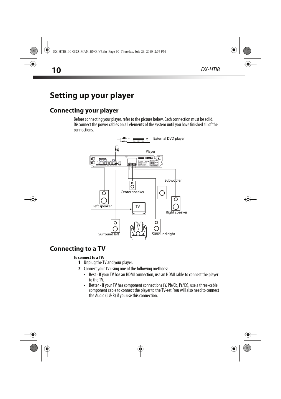 Setting up your player, Connecting your player, Connecting to a tv | Dynex DX-HTIB User Manual | Page 10 / 28