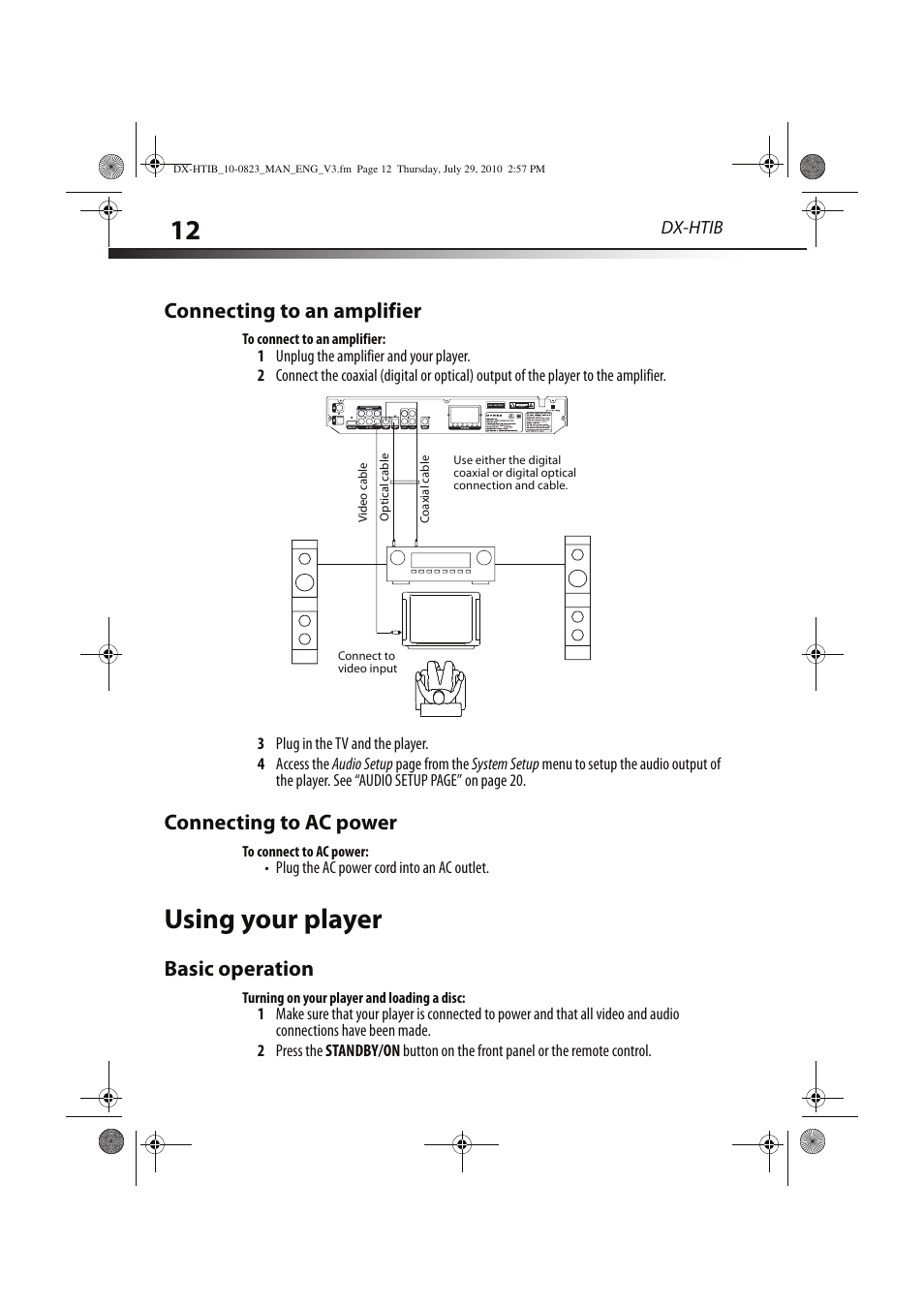 Using your player, Connecting to an amplifier, Connecting to ac power | Basic operation, Dx-htib | Dynex DX-HTIB User Manual | Page 12 / 28