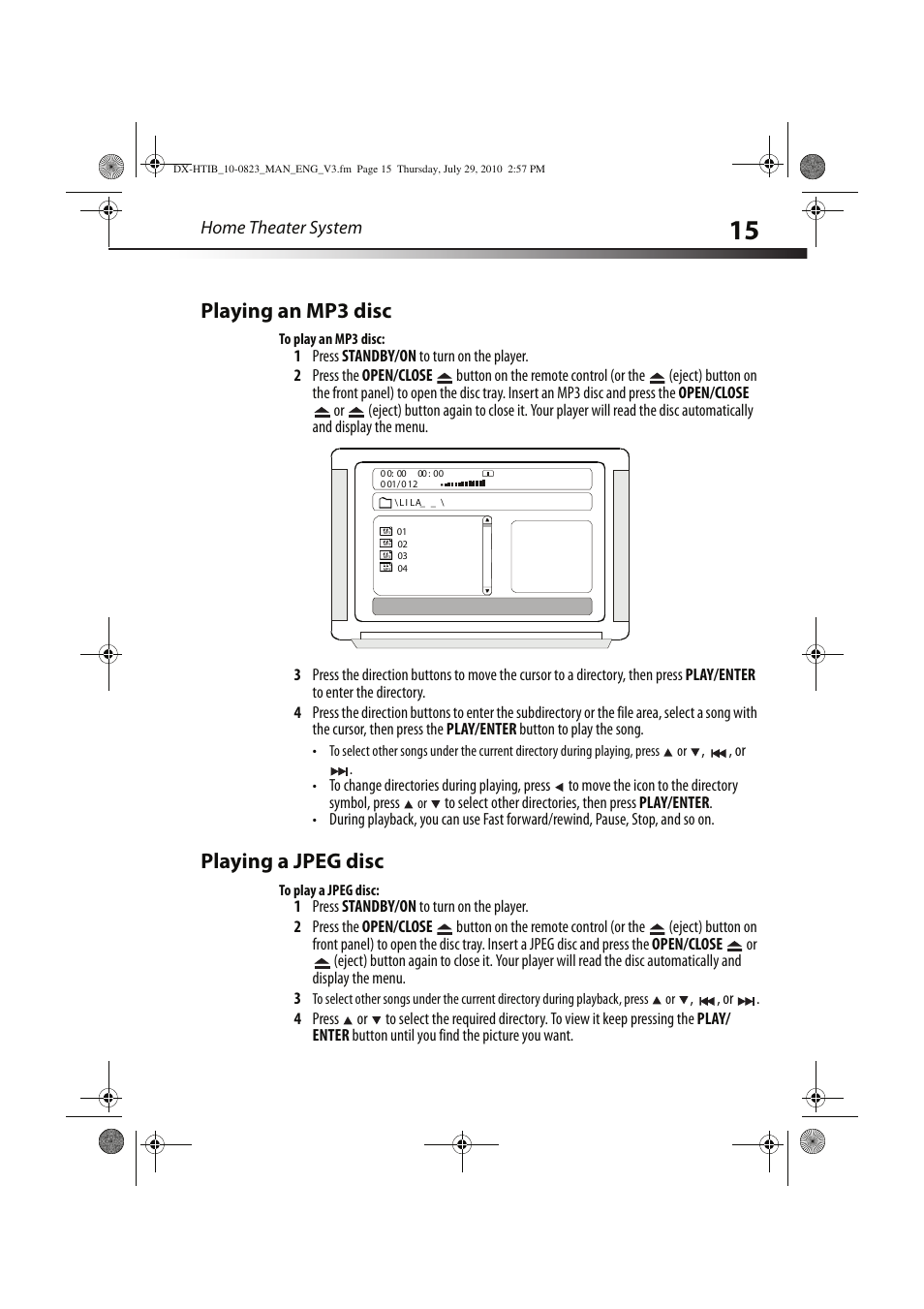 Playing an mp3 disc, Playing a jpeg disc, Home theater system | Dynex DX-HTIB User Manual | Page 15 / 28