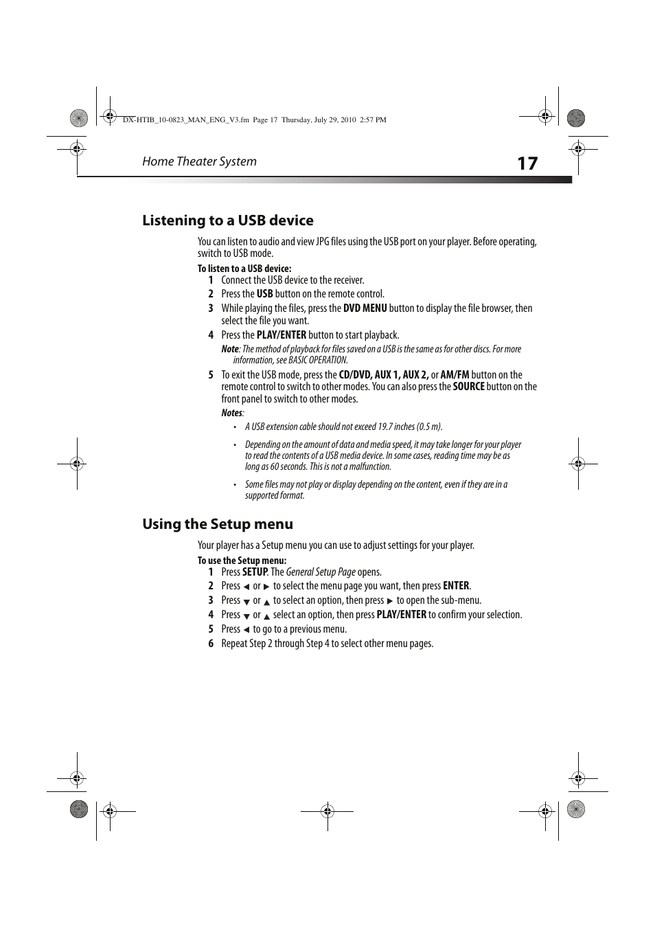 Listening to a usb device, Using the setup menu | Dynex DX-HTIB User Manual | Page 17 / 28